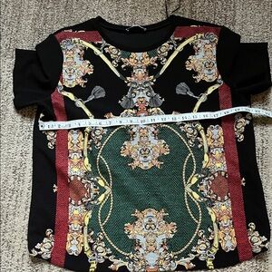Zara woman Baroque Print T-Shirt - Black and Green, large on tag, more medium